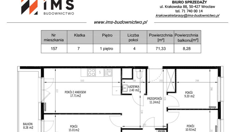 Rzut - Mieszkanie na sprzedaż 4 pokoje o powierzchni 71,38 m² - numer 157 w Krakowskie Tarasy etap V