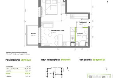 Rzut - Mieszkanie na sprzedaż 1 pokój o powierzchni 33,1 m² - numer E1.01.10 w Południe Vita