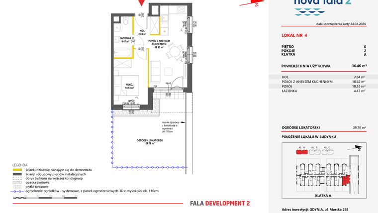 Rzut - Mieszkanie na sprzedaż 2 pokoje o powierzchni 36,46 m² - numer 4 w Miasteczko Nova Fala 2