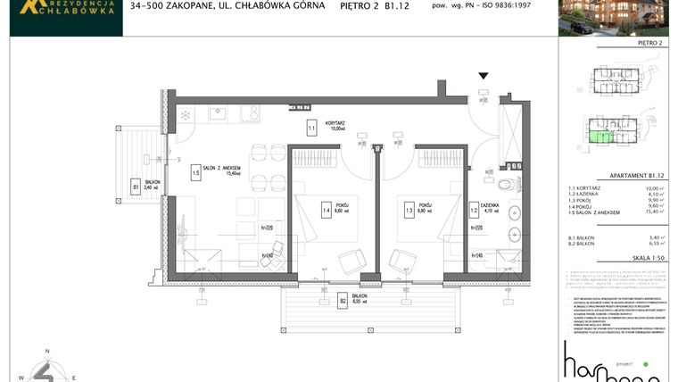 Rzut - Mieszkanie na sprzedaż 3 pokoje o powierzchni 49 m² - numer B1.12 w Rezydencja Chłabówka
