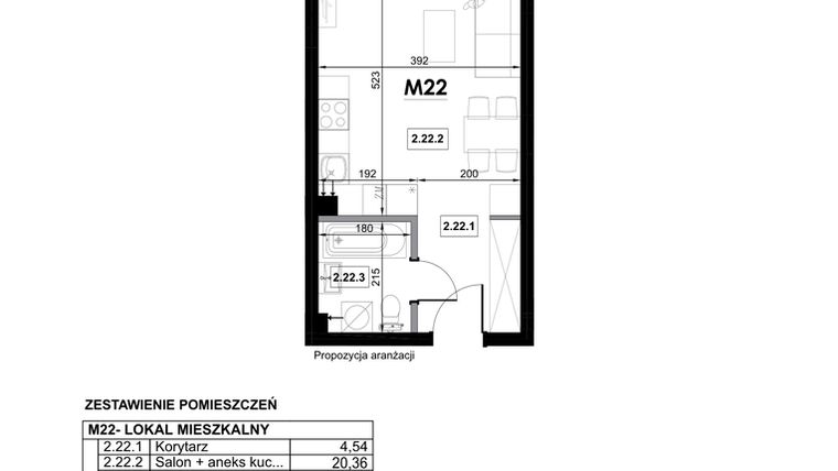 Rzut - Mieszkanie na sprzedaż 1 pokój o powierzchni 28,7 m² - numer M22 w Miejska Premium II