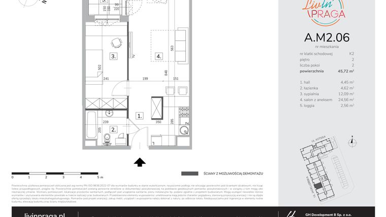 Rzut - Mieszkanie na sprzedaż 2 pokoje o powierzchni 45,72 m² - numer A.M2.06 w Livin' Praga