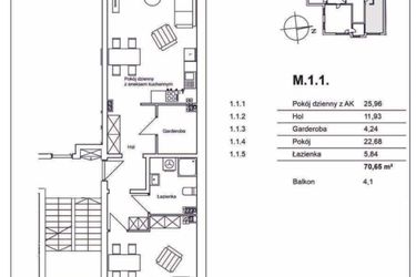 Rzut - Mieszkanie na sprzedaż 2 pokoje o powierzchni 70,65 m² - numer M.1.1 w Konopnickiej 12