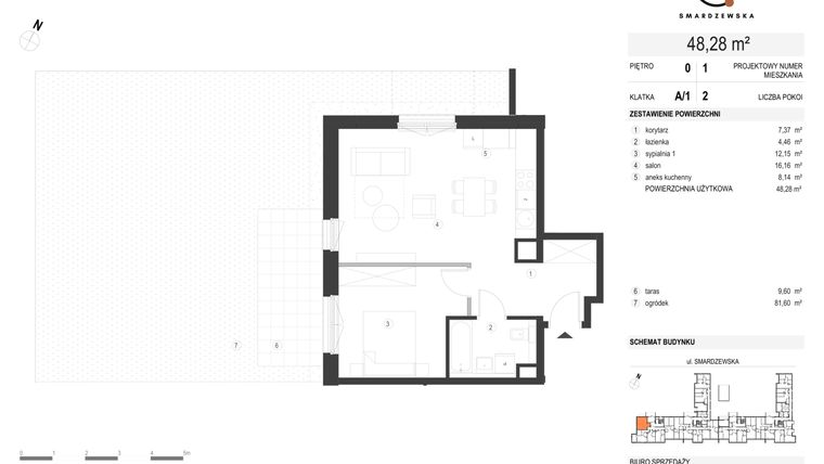 Rzut - Mieszkanie na sprzedaż 2 pokoje o powierzchni 48,28 m² - numer A/1/0.1 w Smardzewska 8