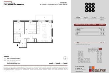 Rzut - Mieszkanie na sprzedaż 3 pokoje o powierzchni 56,74 m² - numer M.B.1.016 w CUKROWNIA