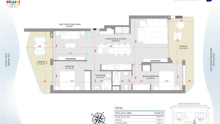 Rzut - Mieszkanie na sprzedaż 3 pokoje o powierzchni 123,84 m² - numer P1-BL3-D w Miami Towers