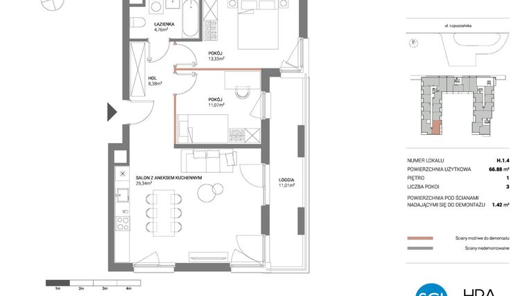 Rzut - Mieszkanie na sprzedaż 3 pokoje o powierzchni 66,88 m² - numer H.1.4 w Łopuszańska 47 - etap 3