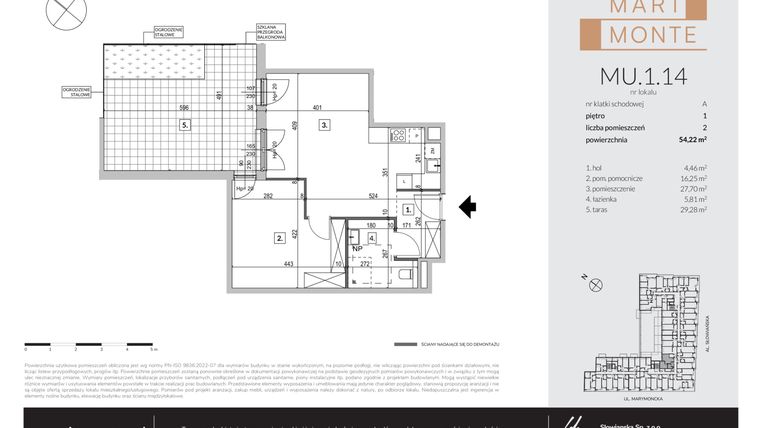 Rzut - Mieszkanie na sprzedaż 2 pokoje o powierzchni 54,07 m² - numer MU.1.14 w Marimonte - apartamenty inwestycyjne
