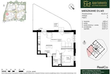 Rzut - Mieszkanie na sprzedaż 2 pokoje o powierzchni 53,23 m² - numer D1.M3 w Apartamenty przy Parku Szczytnickim