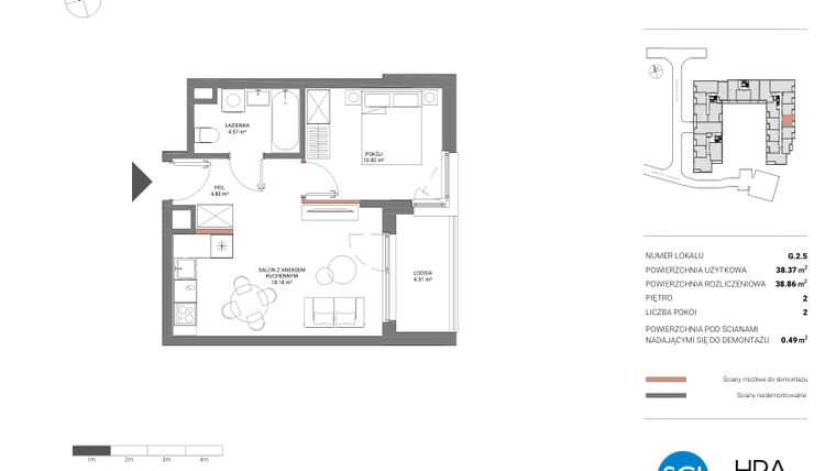 Rzut - Mieszkanie na sprzedaż 2 pokoje o powierzchni 38,86 m² - numer G.2.5 w Łopuszańska 47 - etap 2