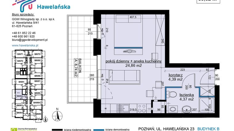 Rzut - Mieszkanie na sprzedaż 1 pokój o powierzchni 33,62 m² - numer B/6/62 w Osiedle Hawelańska etap III - bud. B