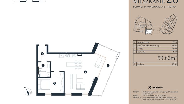 Rzut - Mieszkanie na sprzedaż 2 pokoje o powierzchni 59,62 m² - numer M28 w Pratum Apartamenty Etap I