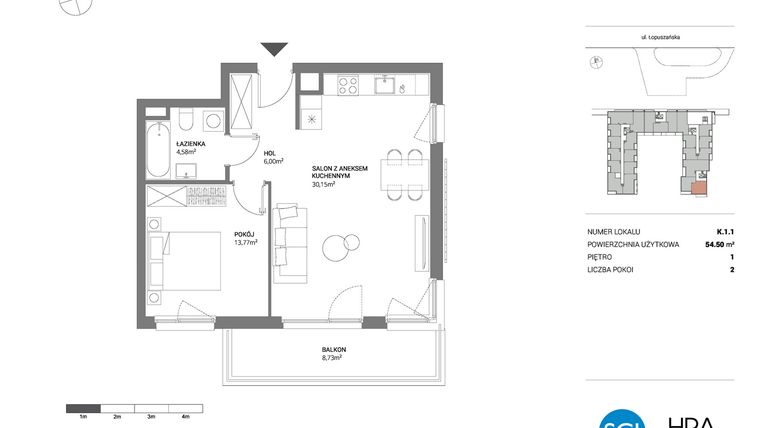 Rzut - Mieszkanie na sprzedaż 2 pokoje o powierzchni 54,5 m² - numer K.1.1 w Łopuszańska 47 - etap 3
