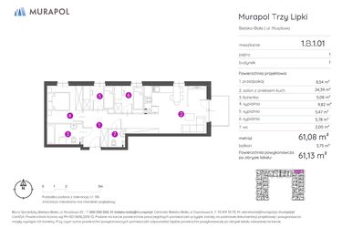 Rzut - Mieszkanie na sprzedaż 4 pokoje o powierzchni 61,13 m² - numer 1.B.1.01 w Murapol Trzy Lipki