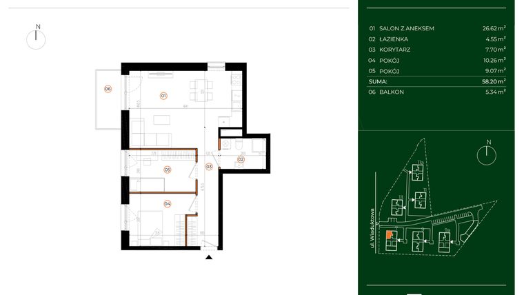 Rzut - Mieszkanie na sprzedaż 3 pokoje o powierzchni 58,01 m² - numer 7.11 w Wiaduktowa