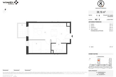 Rzut - Mieszkanie na sprzedaż 2 pokoje o powierzchni 38,16 m² - numer A/2/1.6 w Smardzewska 8