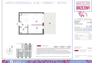 Rzut - Mieszkanie na sprzedaż 2 pokoje o powierzchni 40,57 m² - numer C1.06 w Miasteczko Brzeziny II