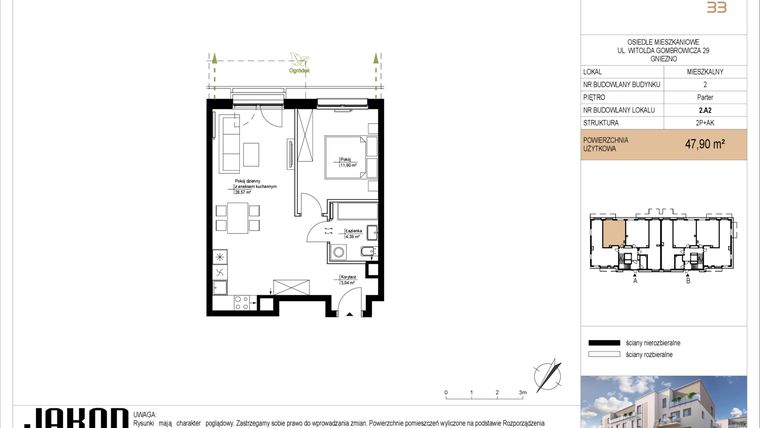 Rzut - Mieszkanie na sprzedaż 2 pokoje o powierzchni 47,9 m² - numer 2.A2 w Gombrowicza 33 - etap II