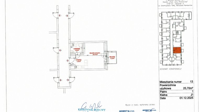 Rzut - Mieszkanie na sprzedaż 1 pokój o powierzchni 25,7 m² - numer J1-13 w Park Leśny Rembertów etap VIII