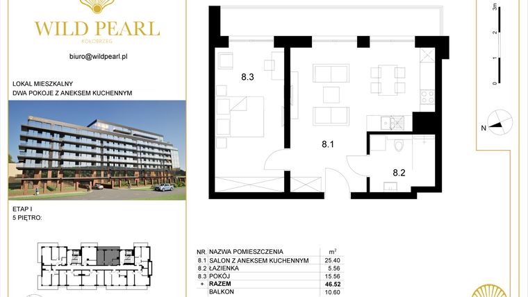 Rzut - Mieszkanie na sprzedaż 2 pokoje o powierzchni 46,52 m² - numer 5.8 w Wild Pearl