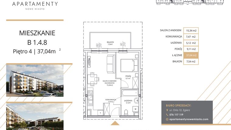 Rzut - Mieszkanie na sprzedaż 2 pokoje o powierzchni 37,04 m² - numer B1.4.8 w Apartamenty Nowe Miasto