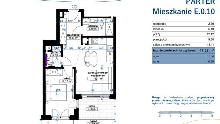 Rzut - Mieszkanie na sprzedaż 2 pokoje o powierzchni 47,32 m² - numer E.0.10 w Wzgórze Poetów 2
