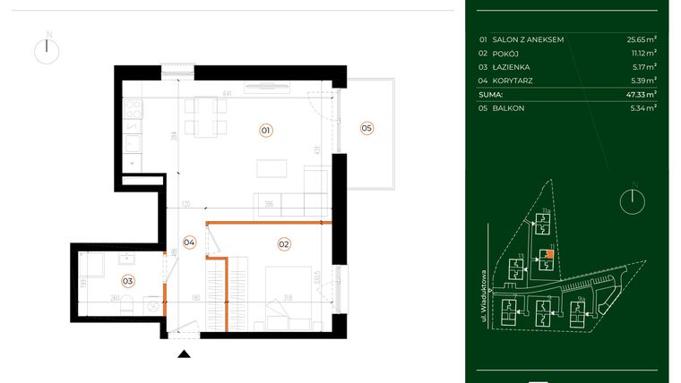 Rzut - Mieszkanie na sprzedaż 2 pokoje o powierzchni 47,33 m² - numer 11.12 w Wiaduktowa