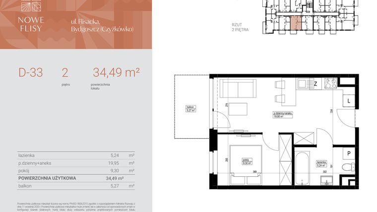 Rzut - Mieszkanie na sprzedaż 2 pokoje o powierzchni 34,49 m² - numer M33_NF.d w Nowe Flisy II