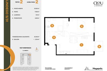 Rzut - Mieszkanie na sprzedaż 2 pokoje o powierzchni 52,49 m² - numer 31 w CLOU LINDEGO