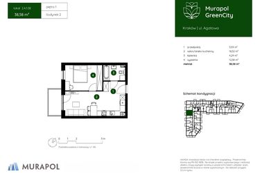 Rzut - Mieszkanie na sprzedaż 2 pokoje o powierzchni 38,58 m² - numer 2.A.1.08 w Murapol GreenCity bud. 2