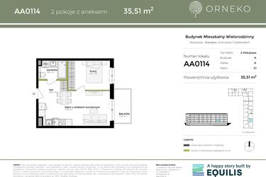 Rzut - Mieszkanie na sprzedaż 2 pokoje o powierzchni 35,51 m² - numer AA0114 w Orneko