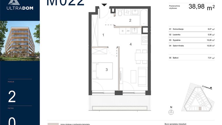 Rzut - Mieszkanie na sprzedaż 2 pokoje o powierzchni 38,98 m² - numer M022 w Ultradom