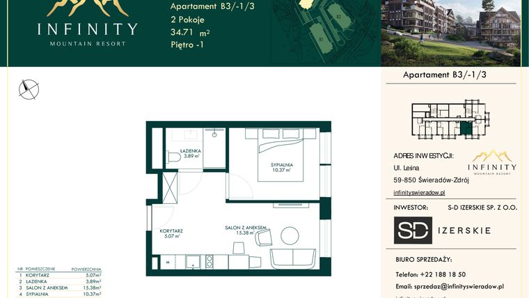 Rzut - Mieszkanie na sprzedaż 2 pokoje o powierzchni 34,71 m² - numer B3.-1.3 w Infinity Mountain Resort