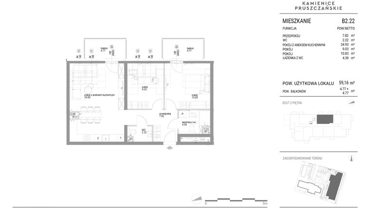 Rzut - Mieszkanie na sprzedaż 3 pokoje o powierzchni 59,56 m² - numer B2.22 w Kamienice Pruszczańskie