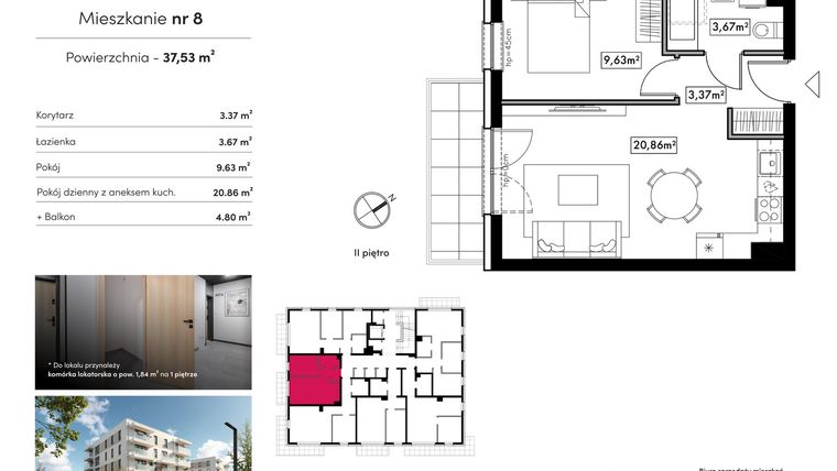 Rzut - Mieszkanie na sprzedaż 2 pokoje o powierzchni 37,53 m² - numer B17.M8 w Novum Rumia - bud. 17