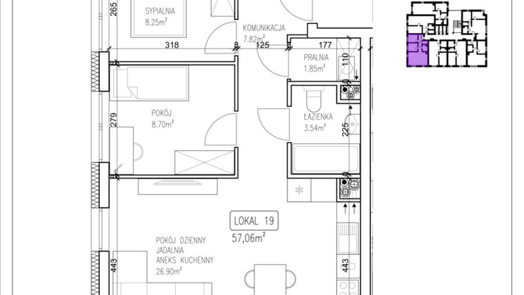 Rzut - Mieszkanie na sprzedaż 3 pokoje o powierzchni 57,6 m² - numer 19 w HELLO! Jasińskiego