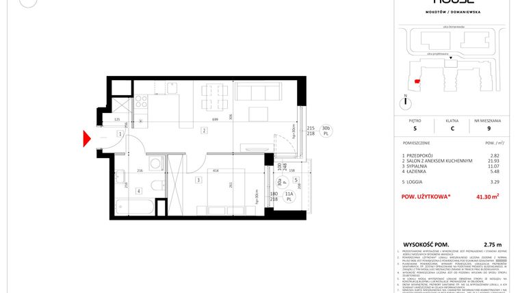 Rzut - Mieszkanie na sprzedaż 2 pokoje o powierzchni 41,26 m² - numer 5.C.9 w Central House