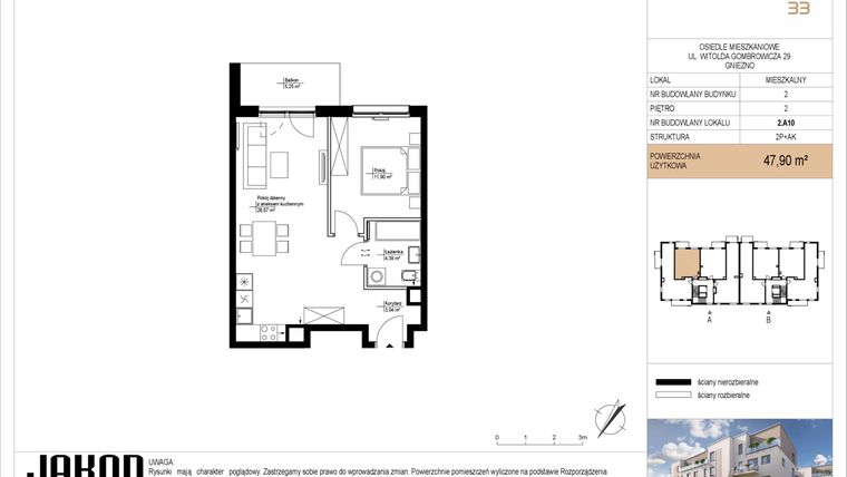 Rzut - Mieszkanie na sprzedaż 2 pokoje o powierzchni 47,9 m² - numer 2.A10 w Gombrowicza 33 - etap II