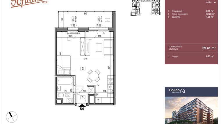 Rzut - Mieszkanie na sprzedaż 1 pokój o powierzchni 39,41 m² - numer G1/64 w Goplana budynek G