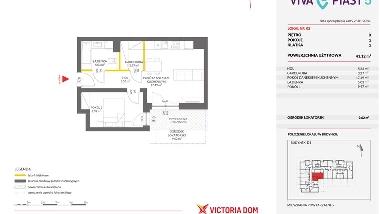 Rzut - Mieszkanie na sprzedaż 2 pokoje o powierzchni 41,07 m² - numer A.2 w Viva Piast 5