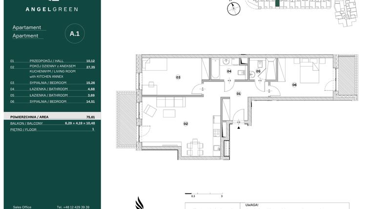Rzut - Mieszkanie na sprzedaż 3 pokoje o powierzchni 75,61 m² - numer A1 w Angel Green