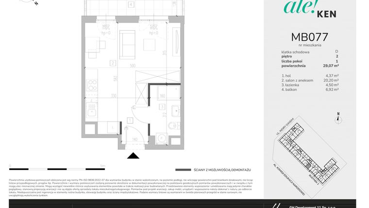 Rzut - Mieszkanie na sprzedaż 1 pokój o powierzchni 29,07 m² - numer MB077 w Ale!Ken etap 2