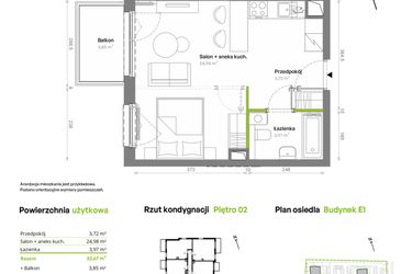 Rzut - Mieszkanie na sprzedaż 1 pokój o powierzchni 32,67 m² - numer E1.03.29 w Południe Vita