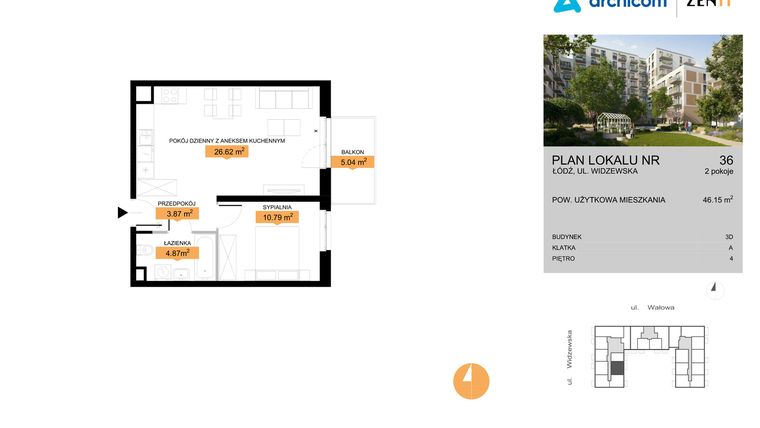 Rzut - Mieszkanie na sprzedaż 2 pokoje o powierzchni 46,15 m² - numer 3D.36 w Zenit III