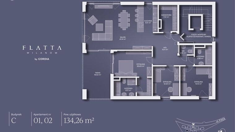 Rzut - Mieszkanie na sprzedaż 4 pokoje o powierzchni 134,26 m² - numer C.02 w Flatta Wilanów
