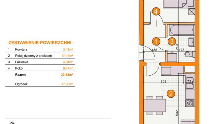 Rzut - Mieszkanie na sprzedaż 2 pokoje o powierzchni 33,82 m² - numer BII/A1 w Osiedle Bocianie Gniazdo 2