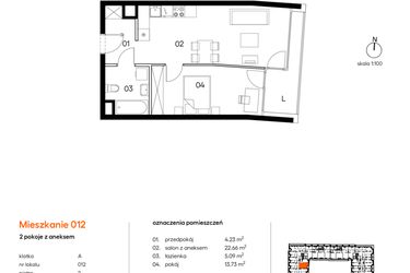 Rzut - Mieszkanie na sprzedaż 2 pokoje o powierzchni 45,71 m² - numer A.A012 w Miasto Polskich Mistrzów Olimpijskich II
