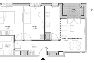Rzut - Mieszkanie na sprzedaż 3 pokoje o powierzchni 56,96 m² - numer A.11.132 w Unii Lubelskiej Vita