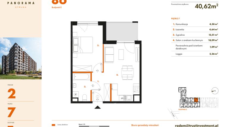 Rzut - Mieszkanie na sprzedaż 2 pokoje o powierzchni 41,71 m² - numer E86 w Panorama Struga