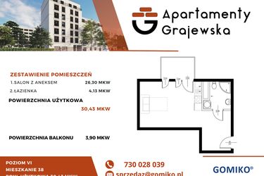 Rzut - Mieszkanie na sprzedaż 1 pokój o powierzchni 30,43 m² - numer M-38 w Apartamenty Grajewska